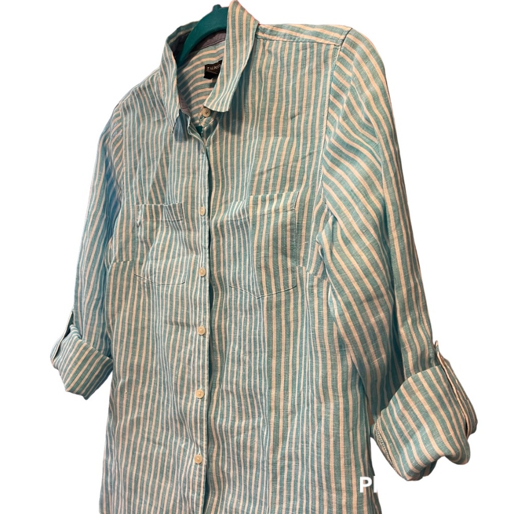 Talbots 100% Linen Striped Button Down Roll Tab S… - image 2